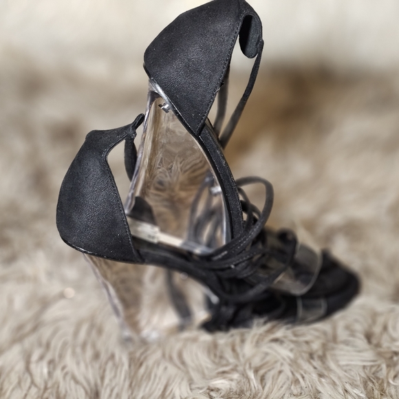 Black Suede High Heel Clear Wedge Shoe - Picture 2 of 3